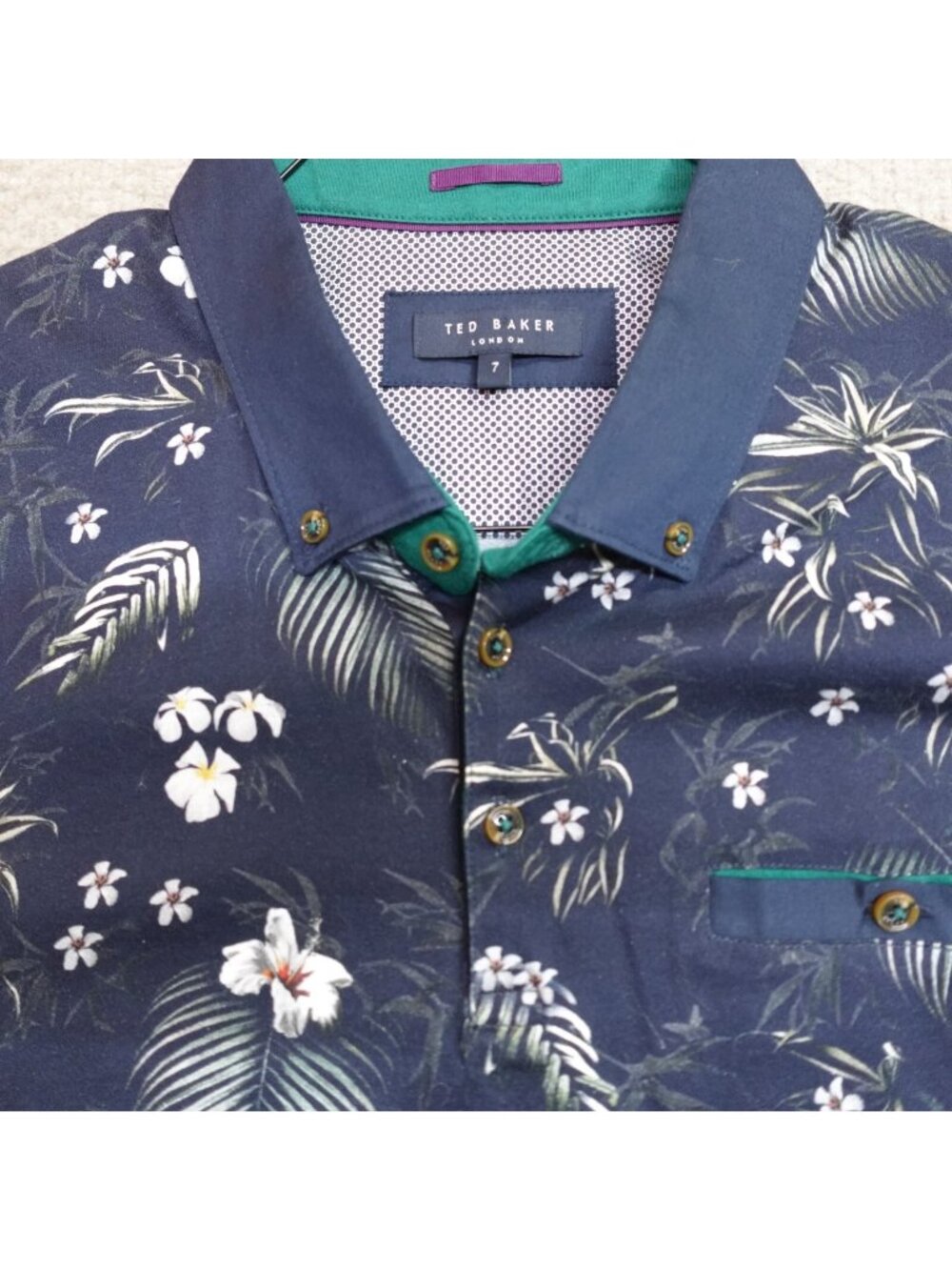 Ted Baker Polo Shirt 2XL Blue Floral All Over Print Button Down Pocket